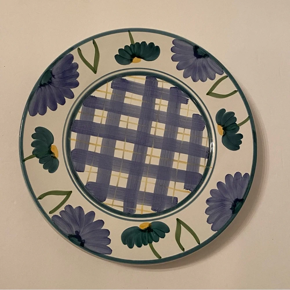 CALECA ARIOSO FLORAL PLAID LUNCHEON PLATE BLUE WHITE YELLOW HAND PAINTED ITALY